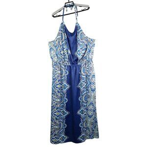 Womens Blue Paisley Halter Maxi Dress With Elastic Waist 100% Polyester Size M
